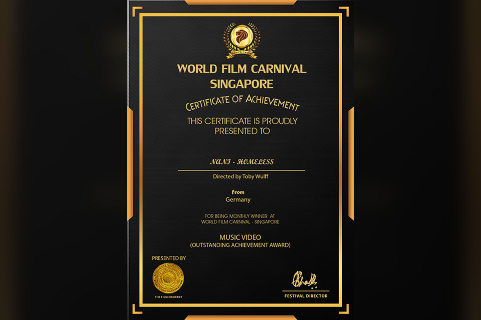 World Film Carnival Signapore Certificate for Song "Homeless"