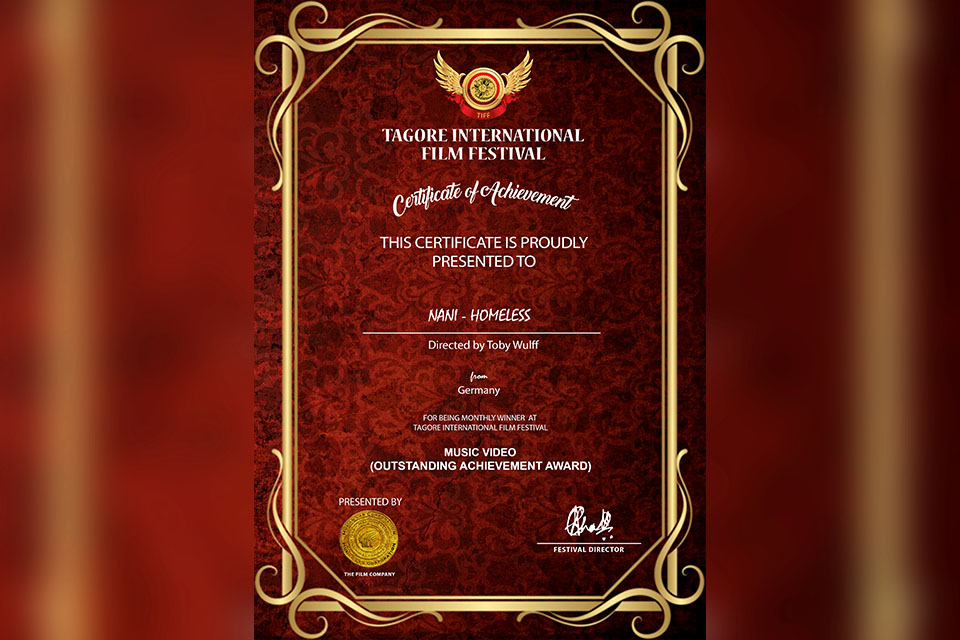 MUSIKVIDEO »HOMELESS« BEI TAGORE INTERNATIONAL FILM FESTIVAL AUSGEZEICHNET